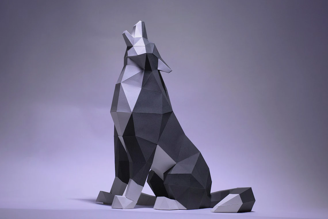 Wolf Sit Paper Craft, Digital Template, Origami, PDF Download DIY, Low Poly, Trophy, Sculpture, Wolf Model