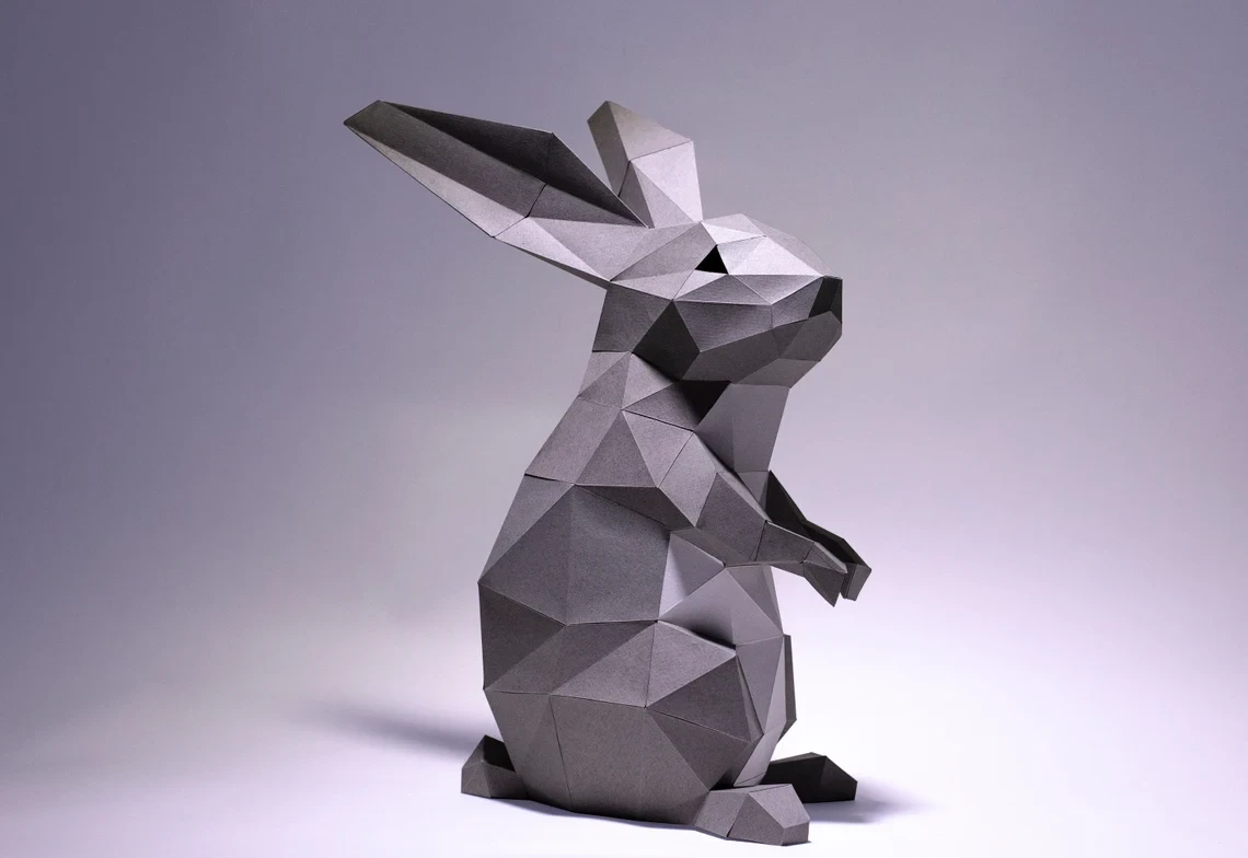 Bunny Rabbit standing up Paper Craft, Digital Template, Origami, PDF Download DIY, Low Poly, Trophy, Sculpture, Rabbit Model