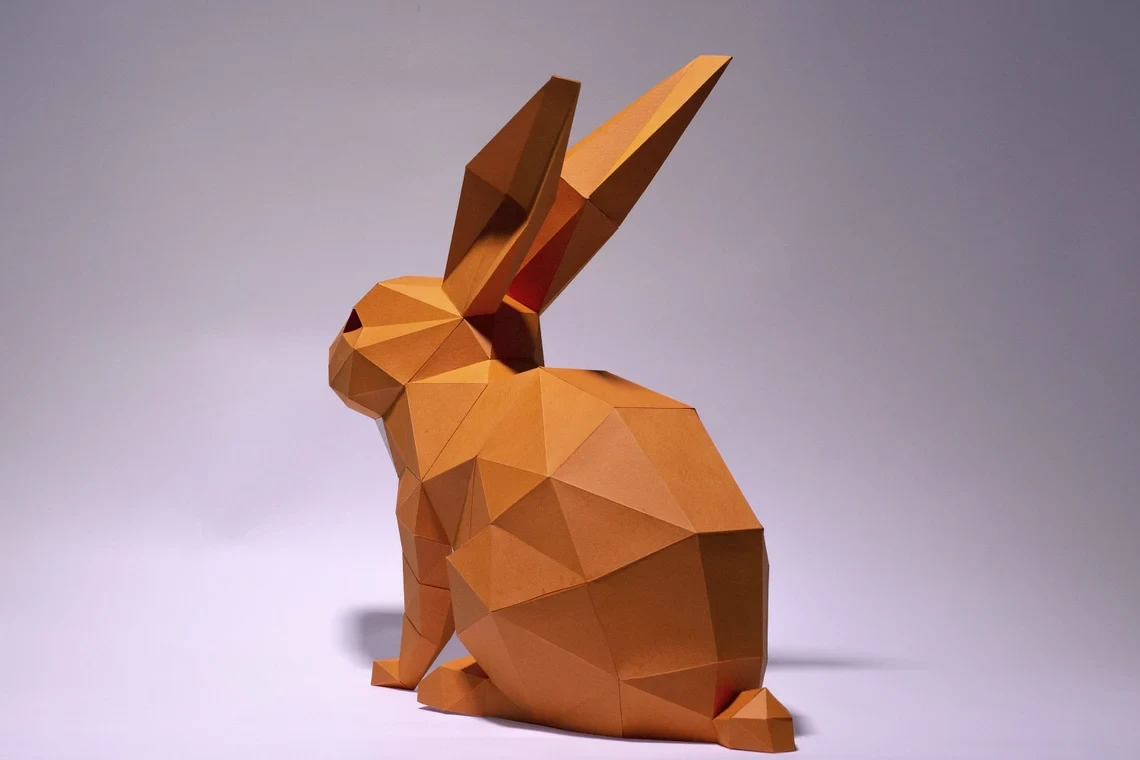 Bunny Sitting Paper Craft, Digital Template, Origami, PDF Download DIY, Low Poly, Trophy, Sculpture, Rabbit Model