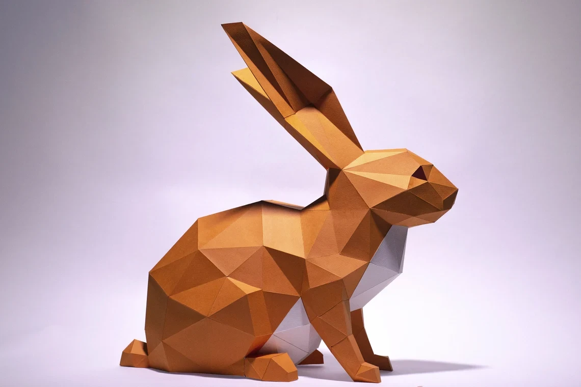 Bunny Sitting Paper Craft, Digital Template, Origami, PDF Download DIY, Low Poly, Trophy, Sculpture, Rabbit Model