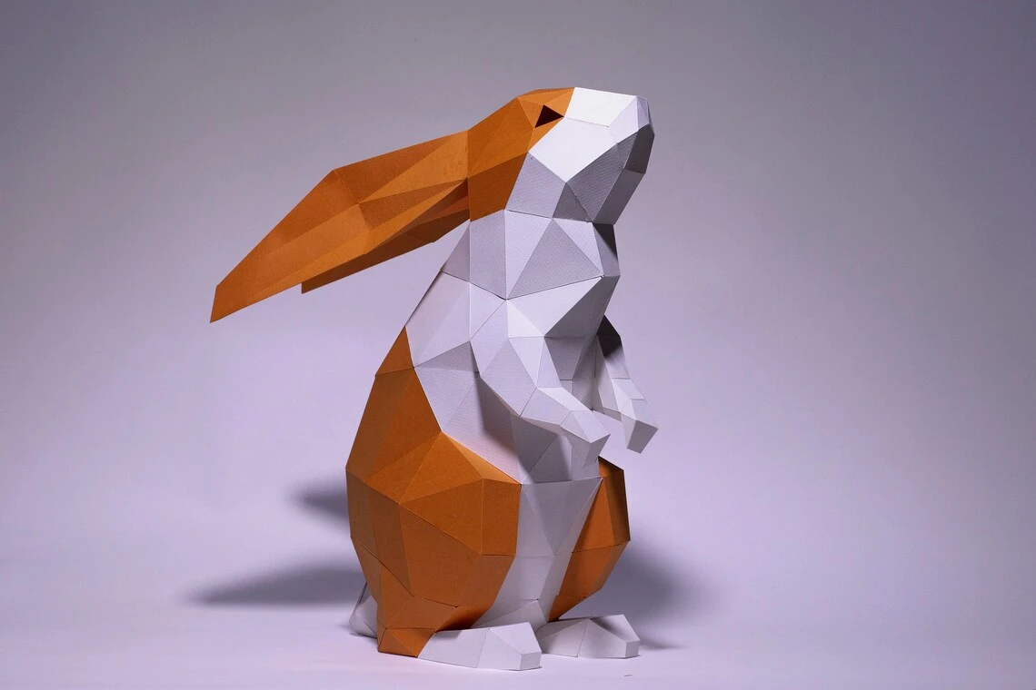 Bunny Rabbit standing up Paper Craft, Digital Template, Origami, PDF Download DIY, Low Poly, Trophy, Sculpture, Rabbit Model