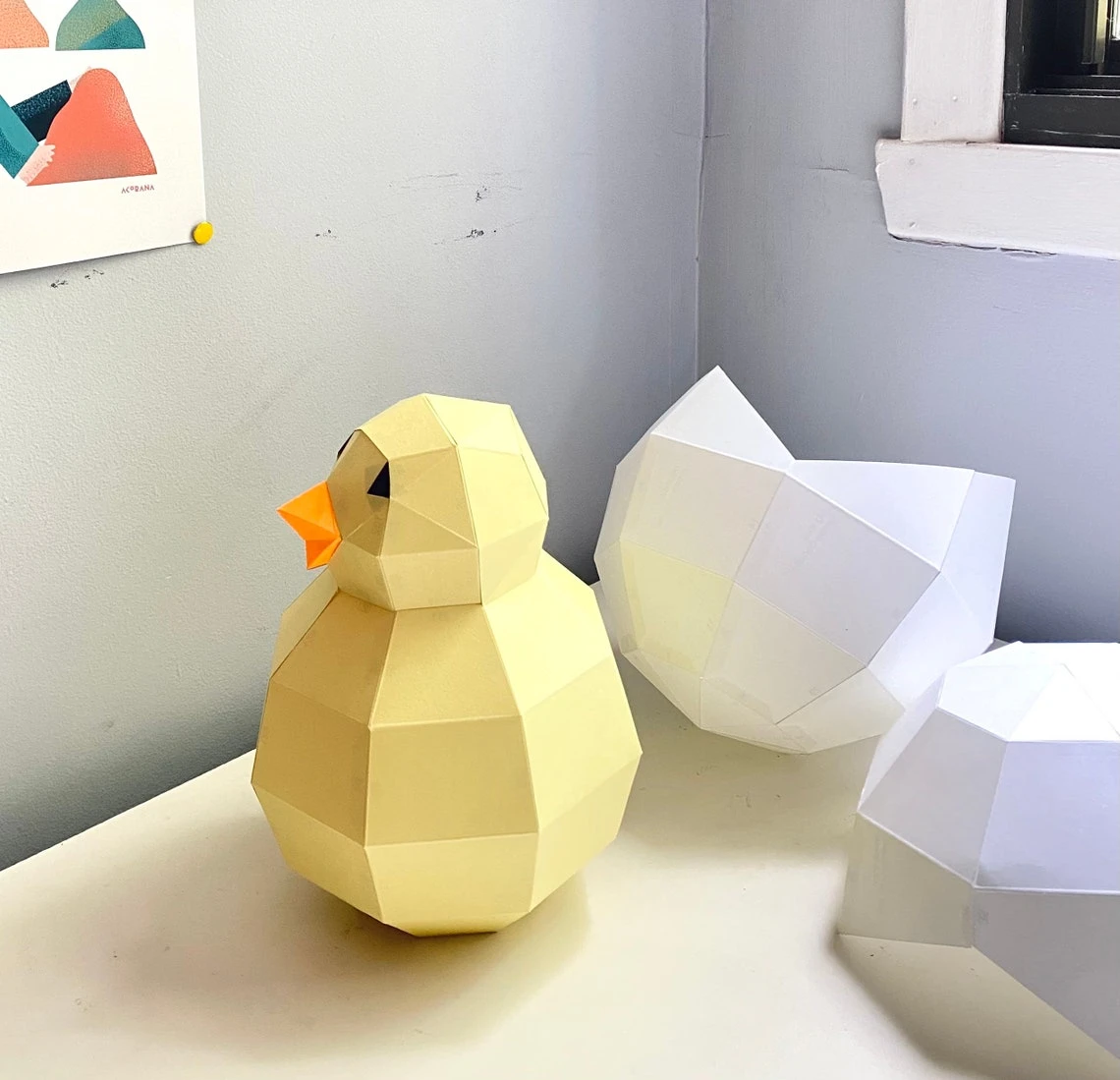 Chick 3d papercraft. You get a PDF digital file templates and instructions for DIY modern lowpoly paper sculpture.