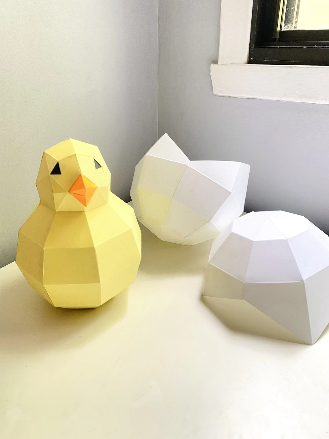 Chick 3d papercraft. You get a PDF digital file templates and instructions for DIY modern lowpoly paper sculpture.