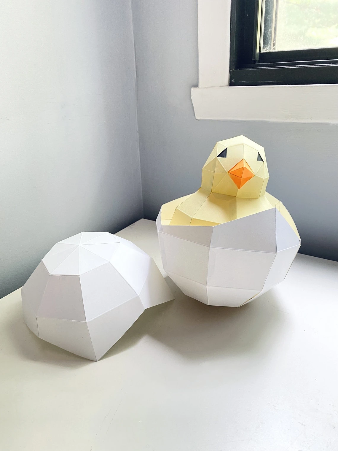 Chick 3d papercraft. You get a PDF digital file templates and instructions for DIY modern lowpoly paper sculpture.