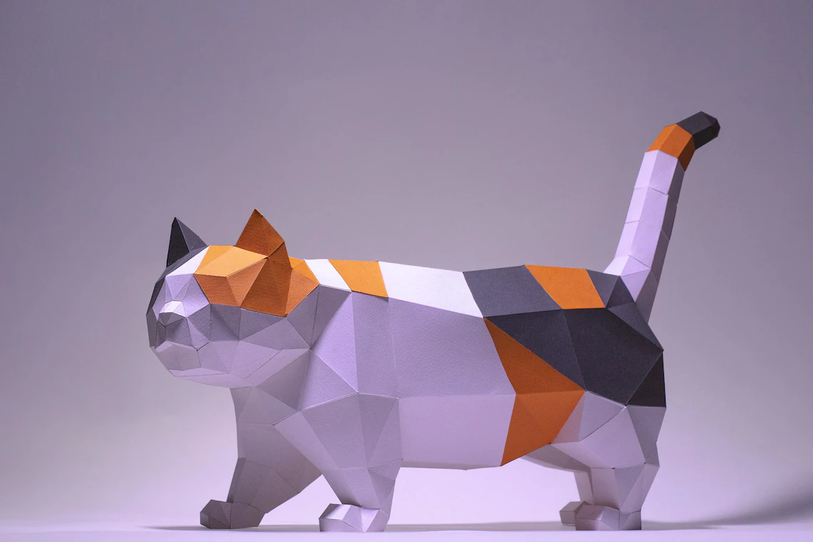 Munchkin Cat walking Paper Craft, Digital Template, Origami, PDF Download DIY, Low Poly, Trophy, Sculpture, Munchkin Cat Model