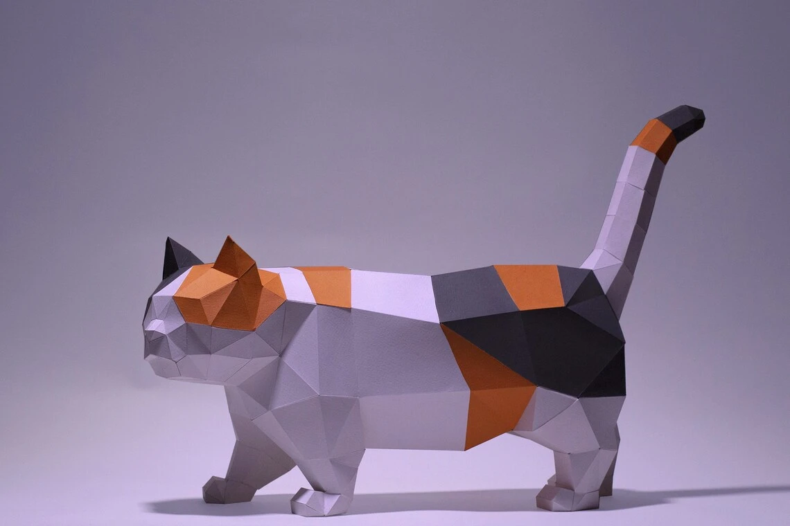 Munchkin Cat walking Paper Craft, Digital Template, Origami, PDF Download DIY, Low Poly, Trophy, Sculpture, Munchkin Cat Model