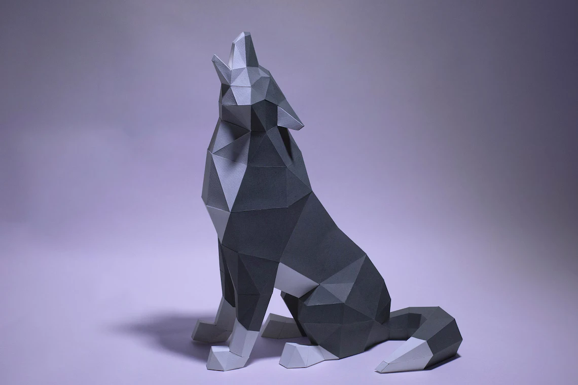 Wolf Sit Paper Craft, Digital Template, Origami, PDF Download DIY, Low Poly, Trophy, Sculpture, Wolf Model