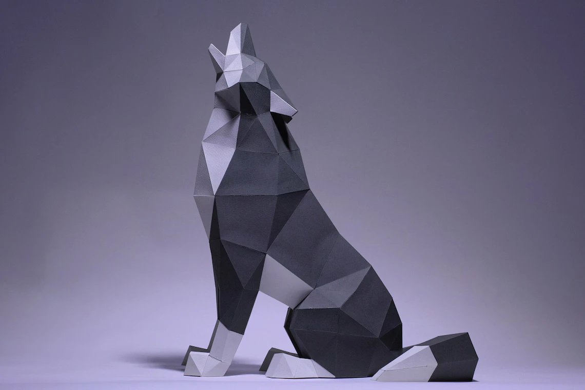 Wolf Sit Paper Craft, Digital Template, Origami, PDF Download DIY, Low Poly, Trophy, Sculpture, Wolf Model