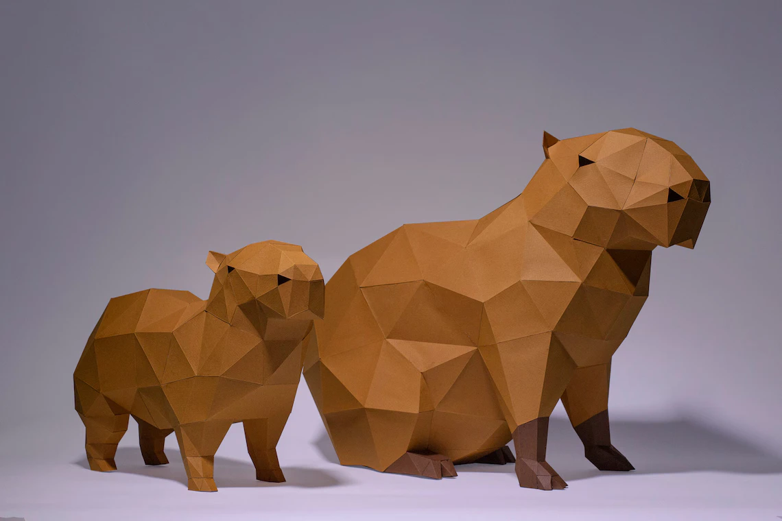 Capybaras Paper Craft, Digital Template, Origami, PDF Download DIY, Low Poly, Trophy, Sculpture, Capybara Model