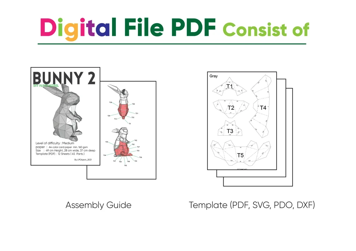 Bunny Rabbit standing up Paper Craft, Digital Template, Origami, PDF Download DIY, Low Poly, Trophy, Sculpture, Rabbit Model