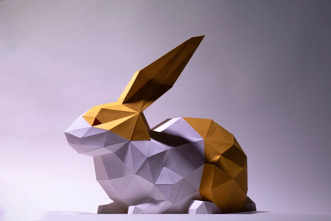 Bunny Sitting Paper Craft, Digital Template, Origami, PDF Download DIY, Low Poly, Trophy, Sculpture, Rabbit Model