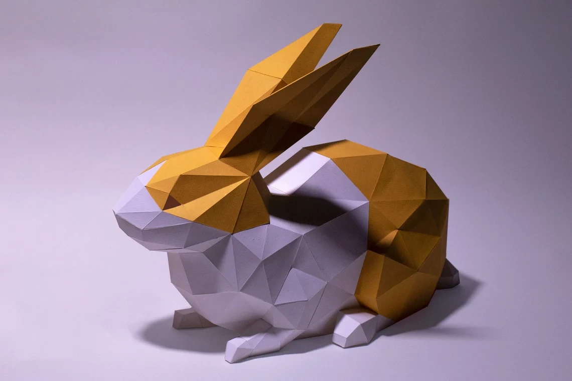 Bunny Sitting Paper Craft, Digital Template, Origami, PDF Download DIY, Low Poly, Trophy, Sculpture, Rabbit Model