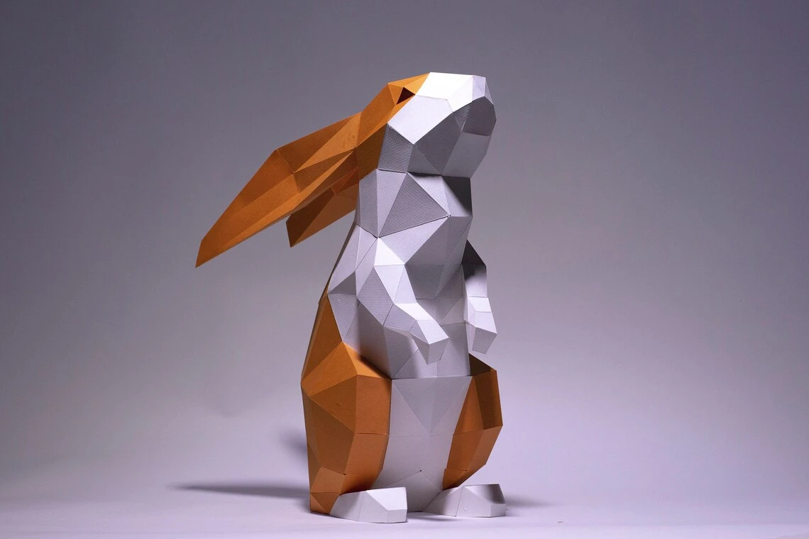 Bunny Rabbit standing up Paper Craft, Digital Template, Origami, PDF Download DIY, Low Poly, Trophy, Sculpture, Rabbit Model