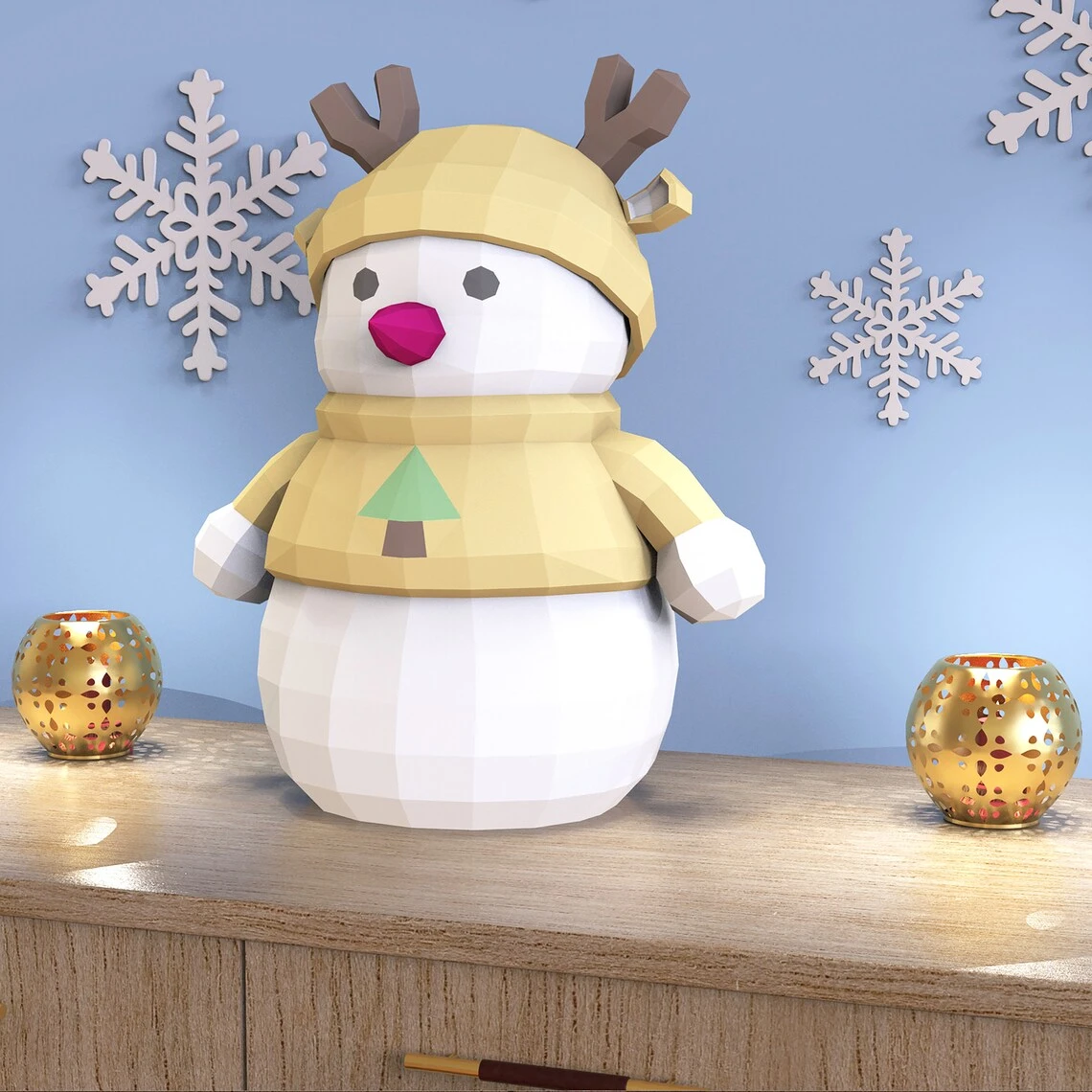 Papercraft Christmas Snowman, Paper Craft Christmas Snowman Model, Snowman PDF template, 3D Christmas sculpture, Low poly pattern Snowman