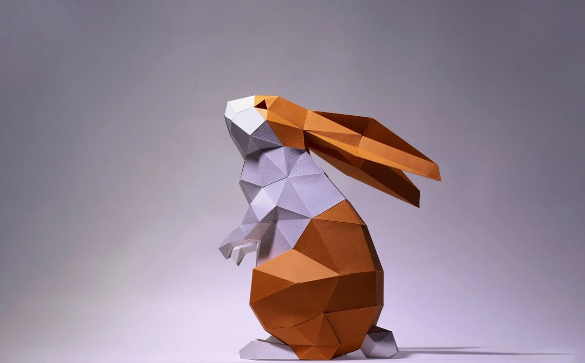 Bunny Rabbit standing up Paper Craft, Digital Template, Origami, PDF Download DIY, Low Poly, Trophy, Sculpture, Rabbit Model