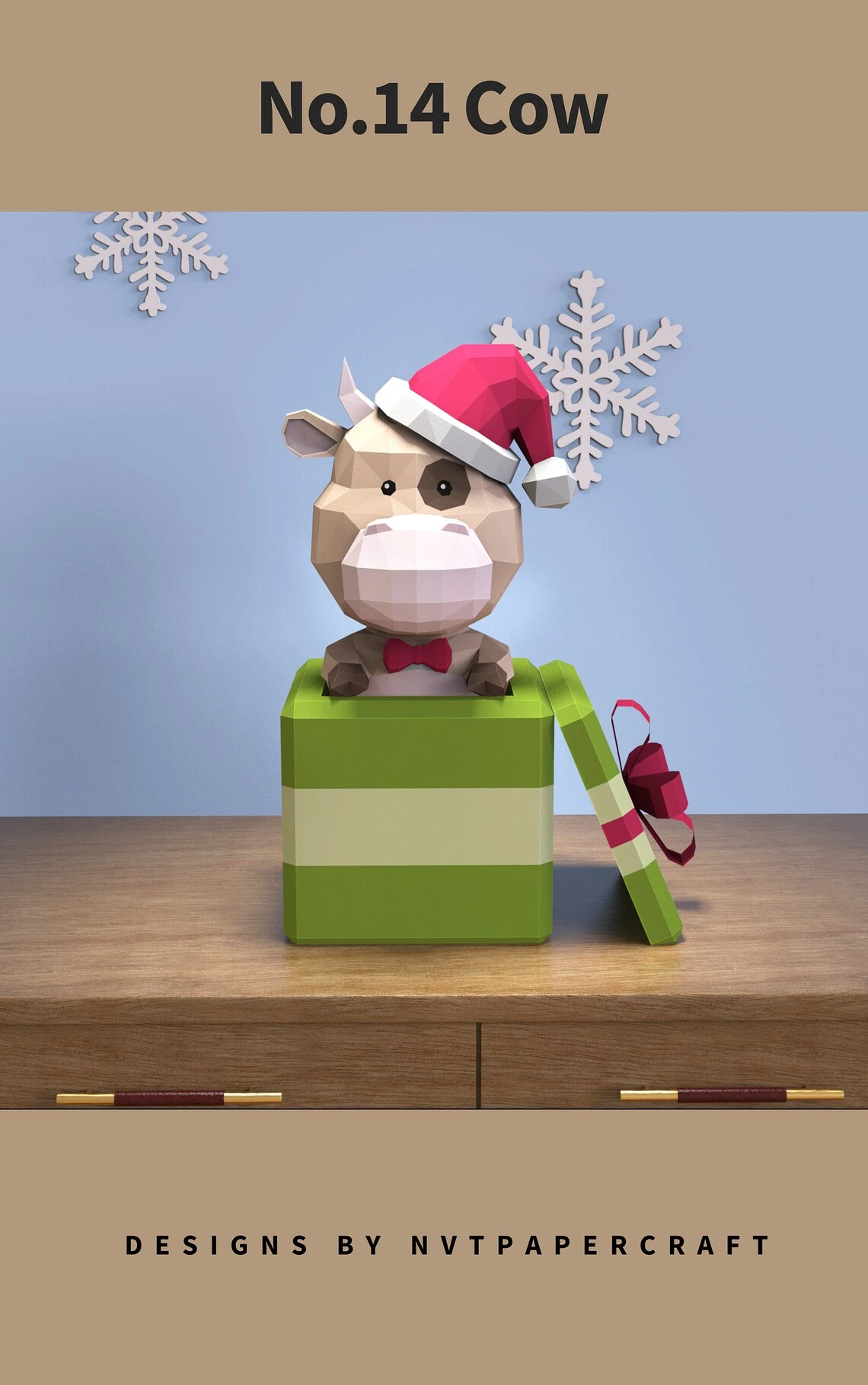 Papercraft Christmas Cow, Paper Craft Christmas Cow Model, Christmas Cow PDF template, 3D Christmas Cow sculpture, Low poly pattern Cow