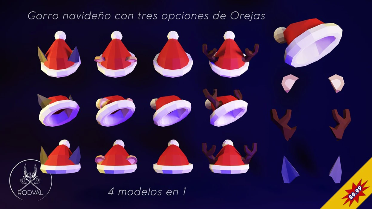 CHRISTMAS HAT with interchangeable ears by RODVAL, Papercraft, Template, DIY, Paper, Low Poly, Holiday, 3D Model, Pdf Low Poply, december, merry, Xmas