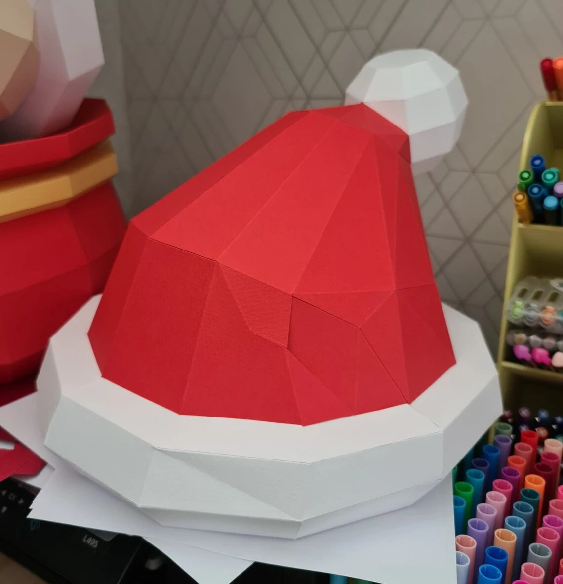 CHRISTMAS HAT with interchangeable ears by RODVAL, Papercraft, Template, DIY, Paper, Low Poly, Holiday, 3D Model, Pdf Low Poply, december, merry, Xmas