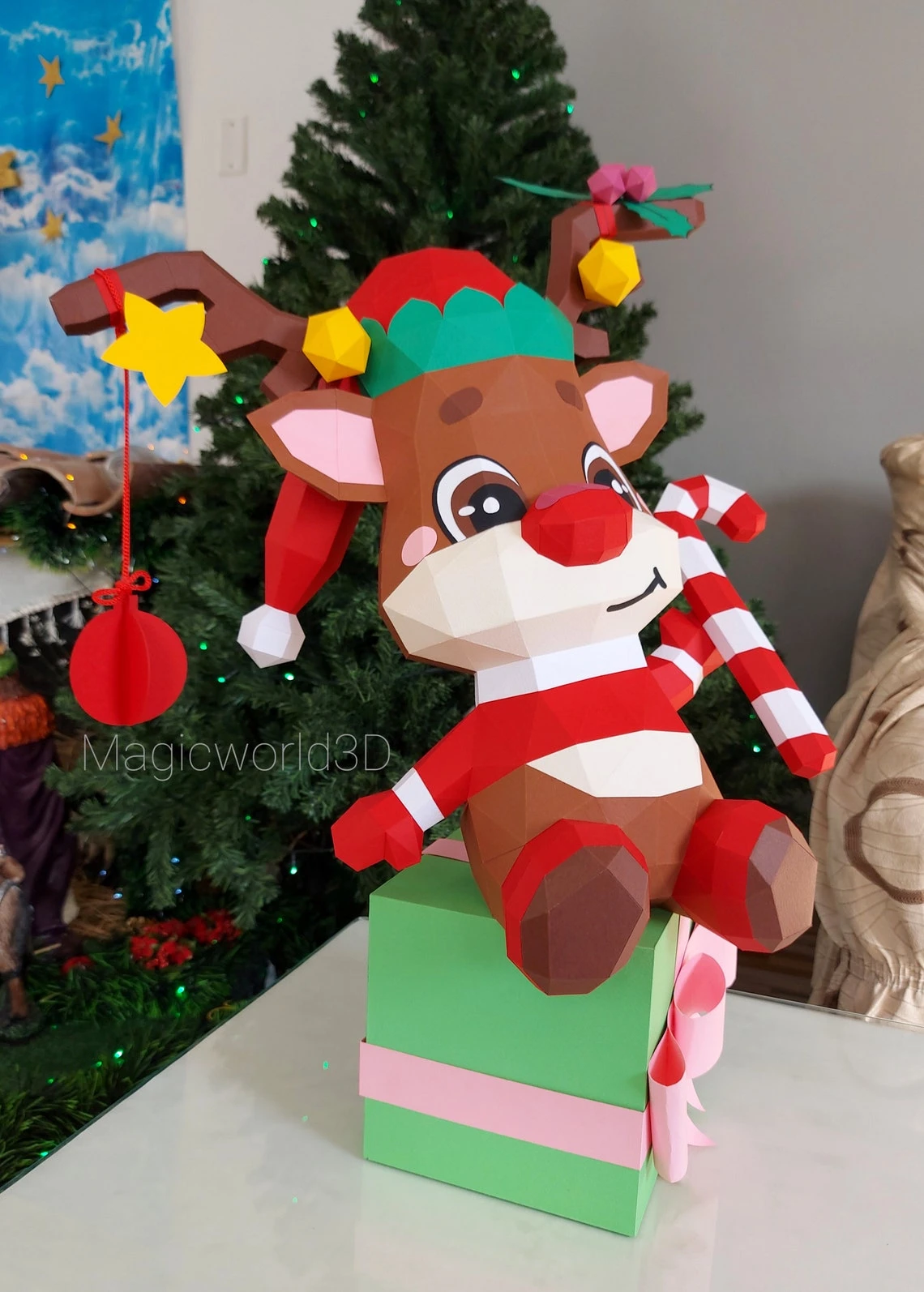 Cute Rodolfo, Reindeer Rodolfo Low Poly, Papercraft, PDF template, Paper model, Sculpture, 3D puzzle, Polygonal model, Lowpoly