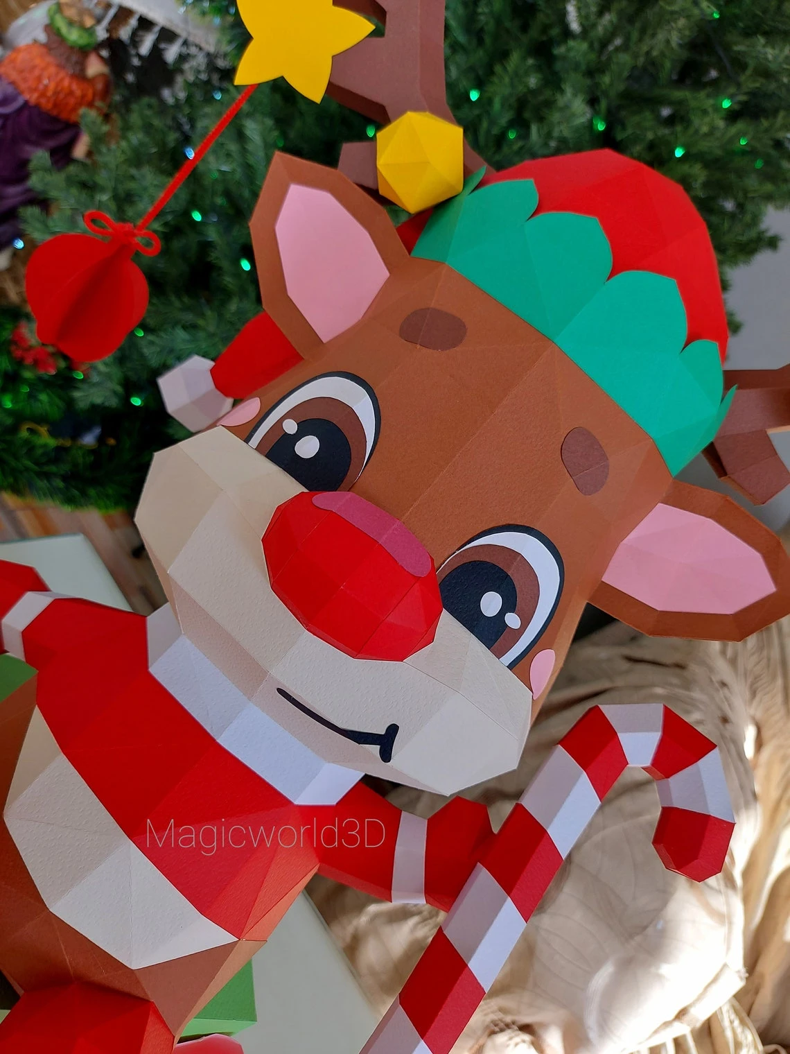 Cute Rodolfo, Reindeer Rodolfo Low Poly, Papercraft, PDF template, Paper model, Sculpture, 3D puzzle, Polygonal model, Lowpoly