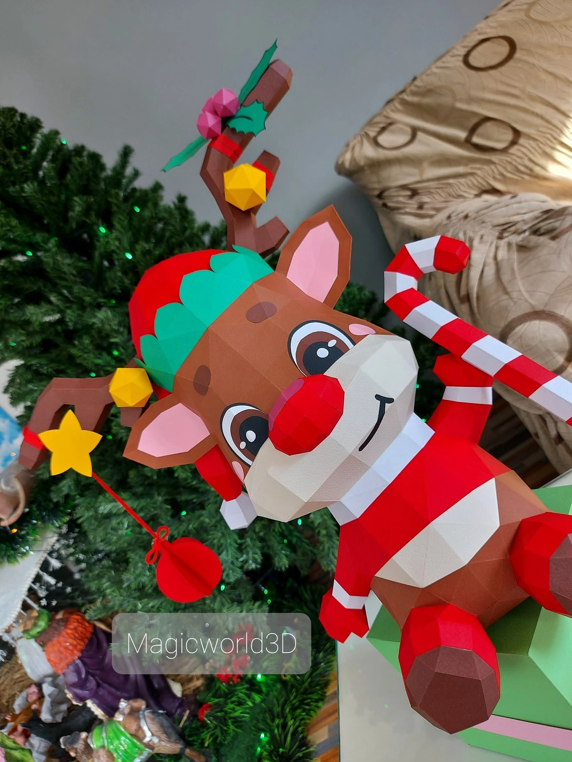 Cute Rodolfo, Reindeer Rodolfo Low Poly, Papercraft, PDF template, Paper model, Sculpture, 3D puzzle, Polygonal model, Lowpoly