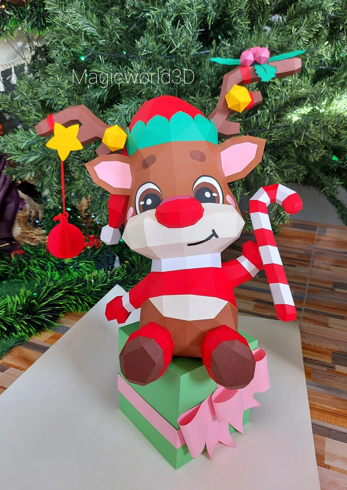 Cute Rodolfo, Reindeer Rodolfo Low Poly, Papercraft, PDF template, Paper model, Sculpture, 3D puzzle, Polygonal model, Lowpoly