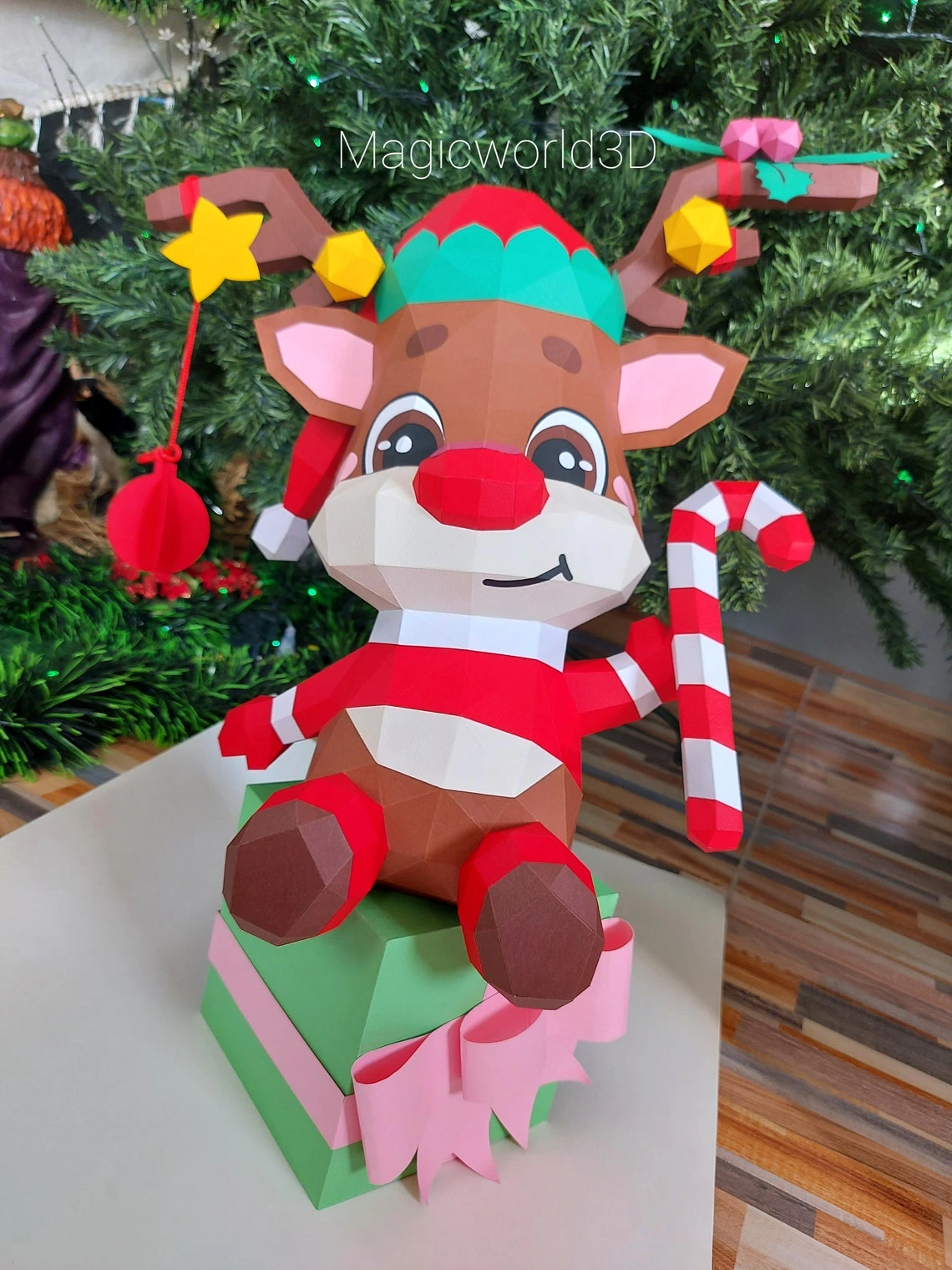 Cute Rodolfo, Reindeer Rodolfo Low Poly, Papercraft, PDF template, Paper model, Sculpture, 3D puzzle, Polygonal model, Lowpoly