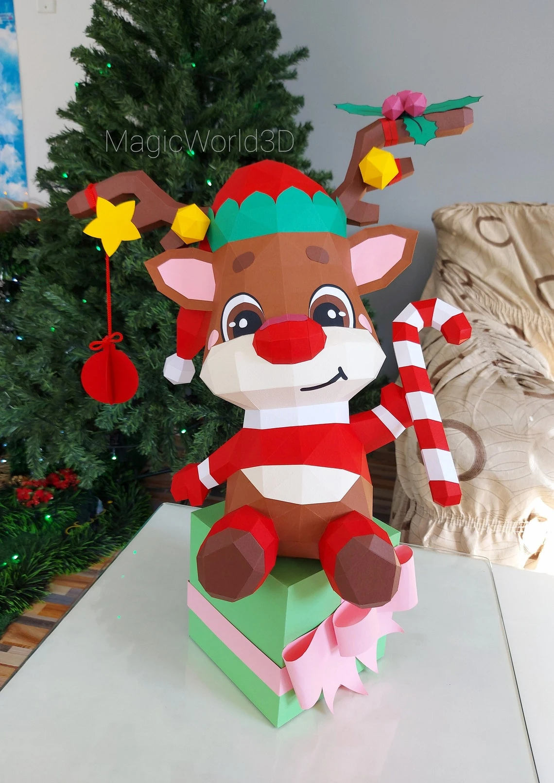 Cute Rodolfo, Reindeer Rodolfo Low Poly, Papercraft, PDF template, Paper model, Sculpture, 3D puzzle, Polygonal model, Lowpoly