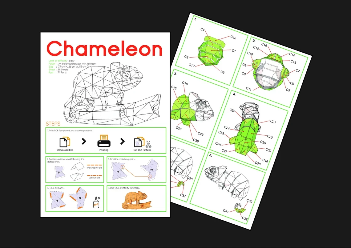 Chameleon Paper Craft, Digital Template, Origami, PDF Download DIY, Low Poly, Trophy, Sculpture, Model