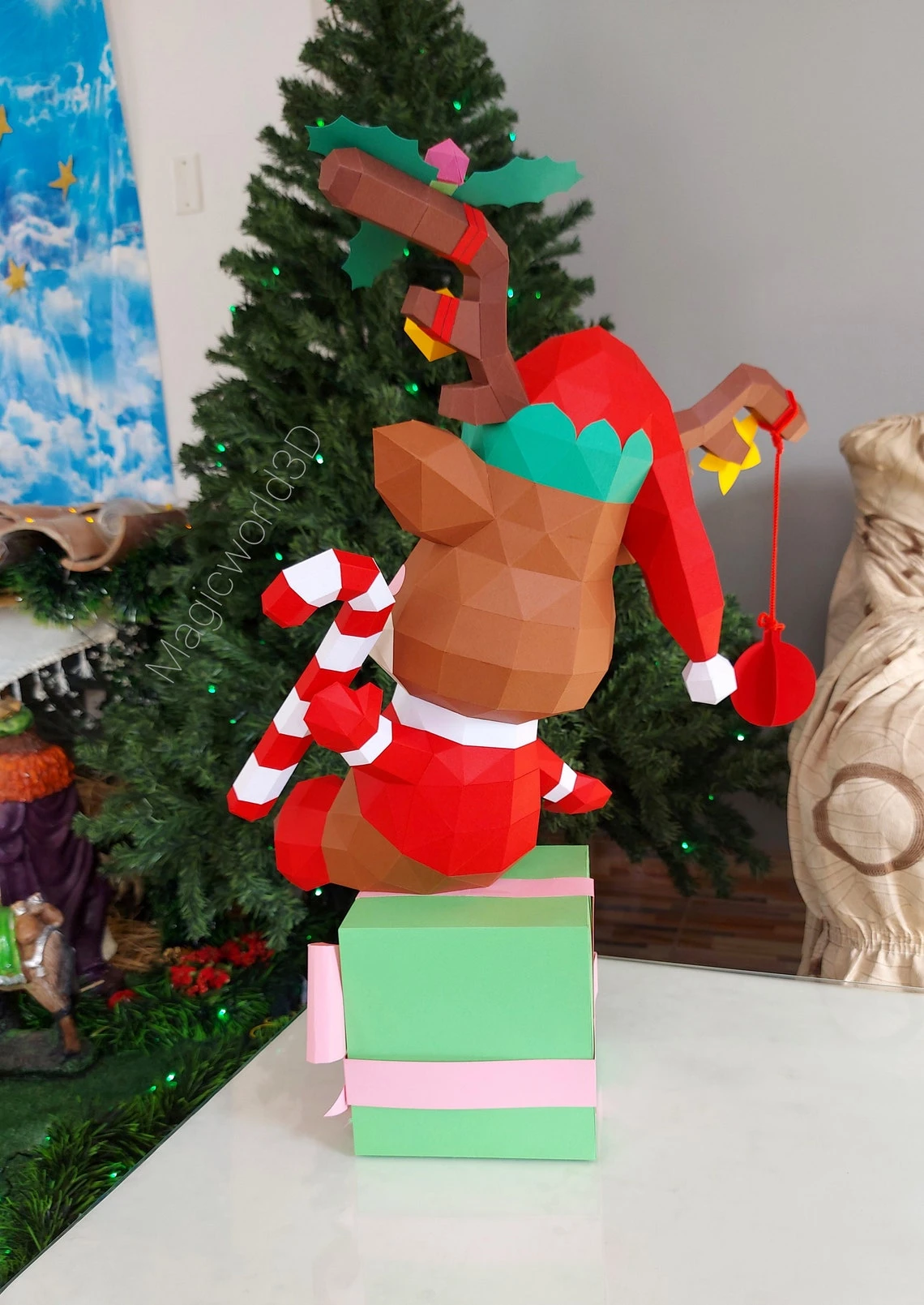 Cute Rodolfo, Reindeer Rodolfo Low Poly, Papercraft, PDF template, Paper model, Sculpture, 3D puzzle, Polygonal model, Lowpoly