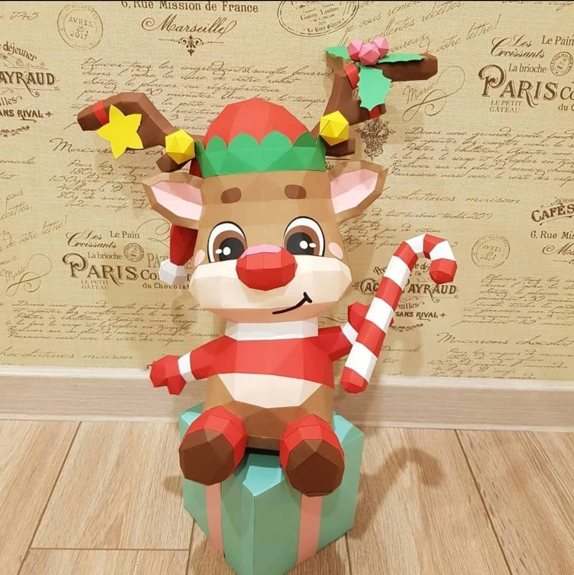 Cute Rodolfo, Reindeer Rodolfo Low Poly, Papercraft, PDF template, Paper model, Sculpture, 3D puzzle, Polygonal model, Lowpoly