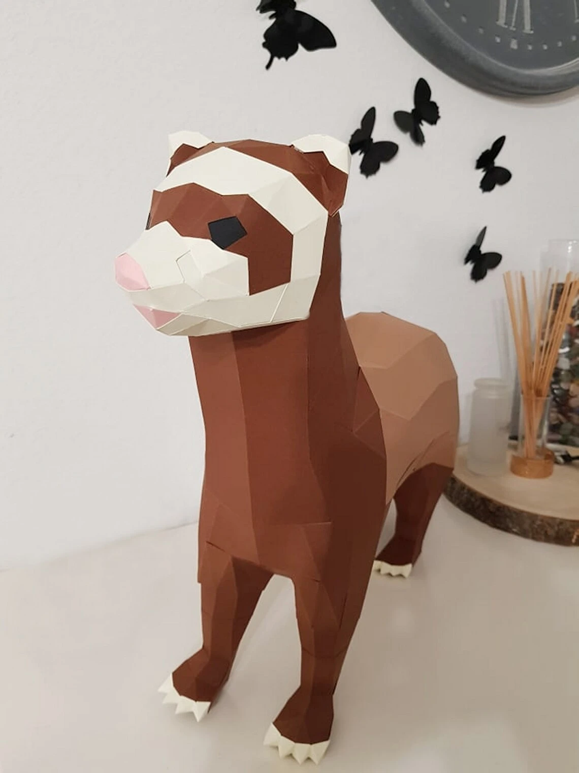 Ferret Papercraft Lowpoly Paper Animals, Get PDF digital file template and instructions for this DIY Paper Modern Paper Sculpture.