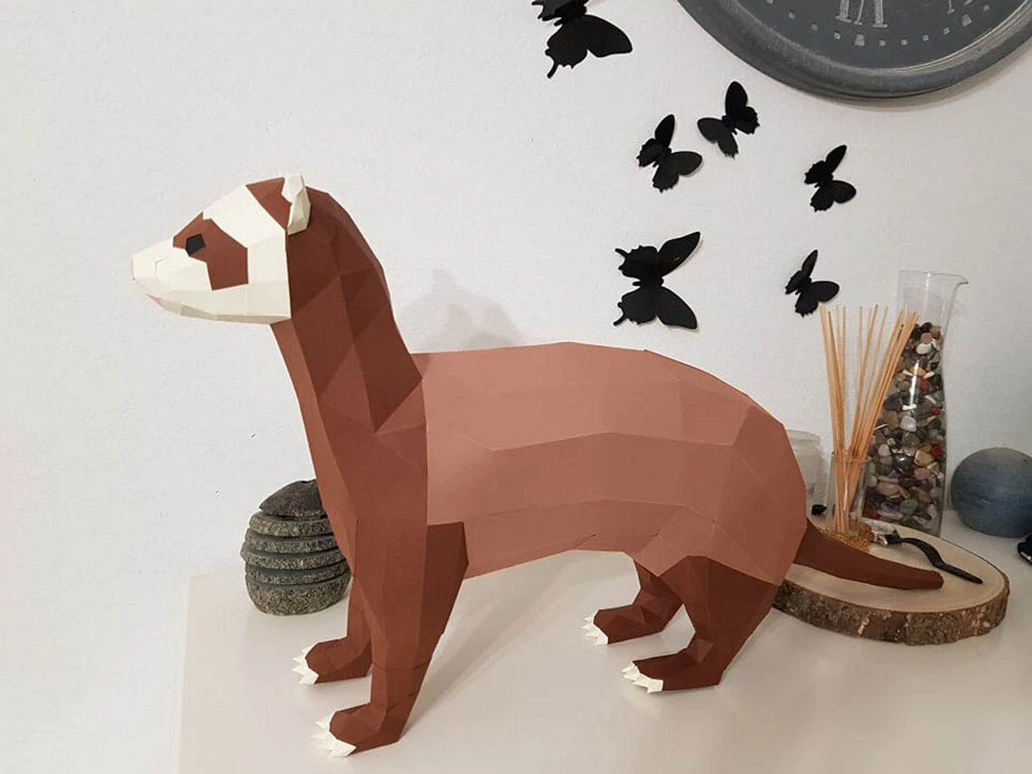 Ferret Papercraft Lowpoly Paper Animals, Get PDF digital file template and instructions for this DIY Paper Modern Paper Sculpture.