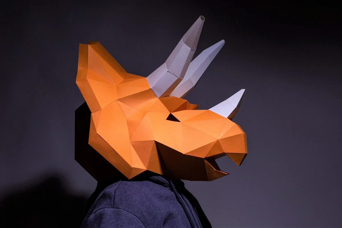 Triceratops 2 Mask Paper Craft, Digital Template, Origami, PDF Download DIY, Low Poly, Halloween Mask, Dinosaur 2 Mask