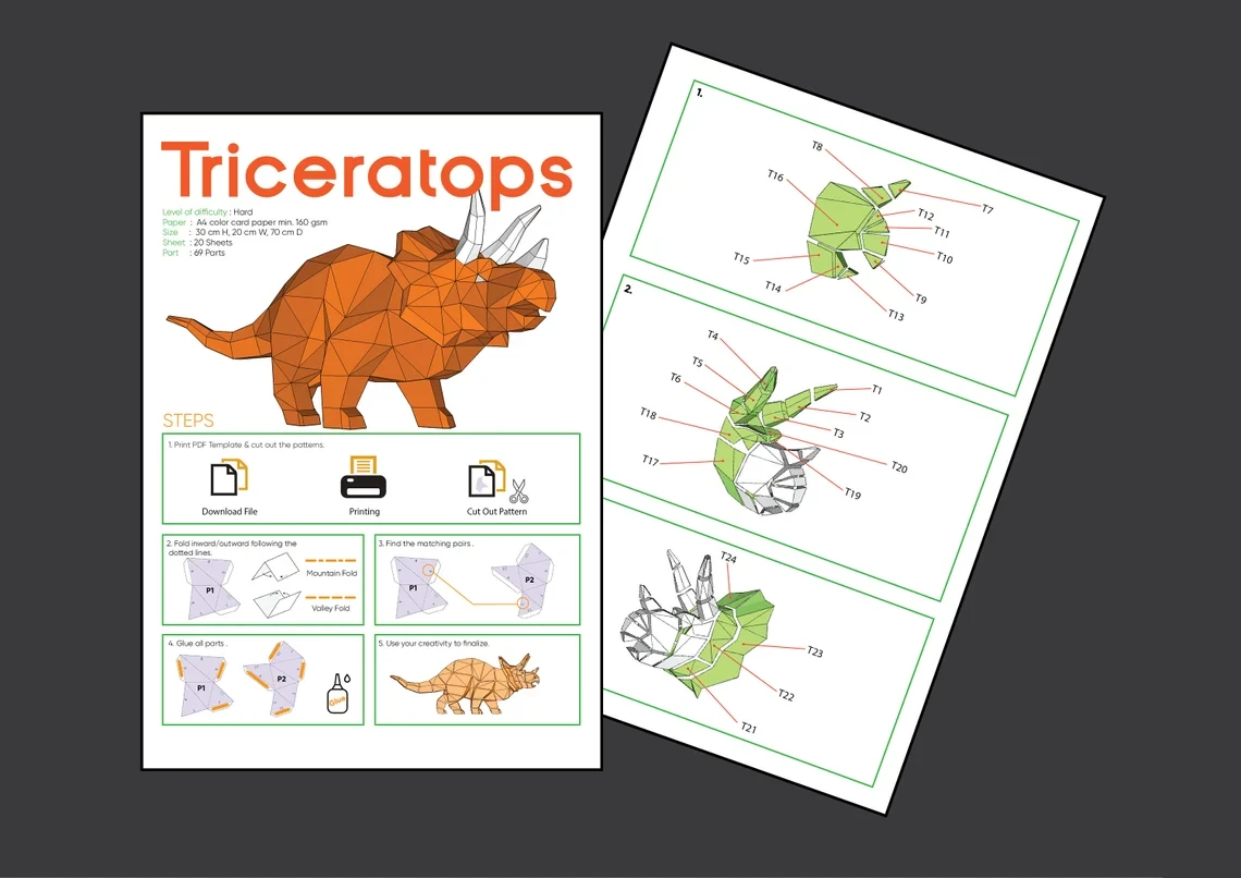 Triceratops Dinosaur Digital Template, PDF Paper Craft, Triceratops Origami, Dinosaur Model