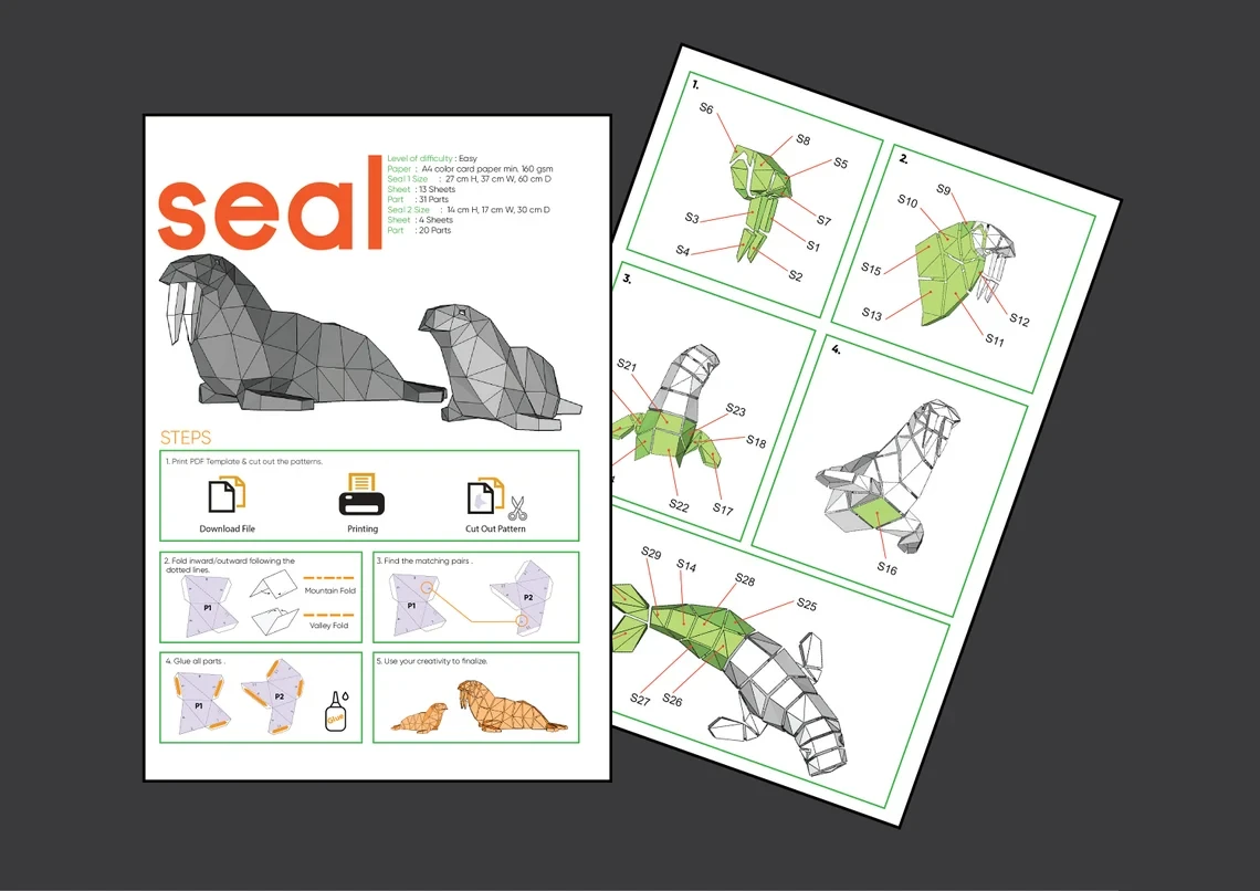 Walrus, Seal Digital Template, PDF Paper Craft, Seal Origami, Seal Model