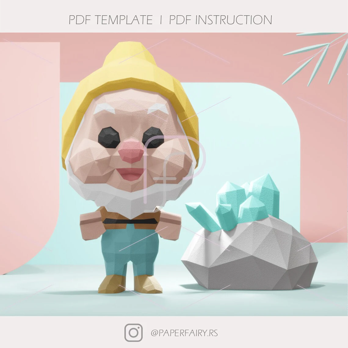 Low poly Snow White and Seven Dwarfs Dwarf Happy doll with gemstone 3d papercraft sculpture,2 designs included Gnome Doll 3D paper model