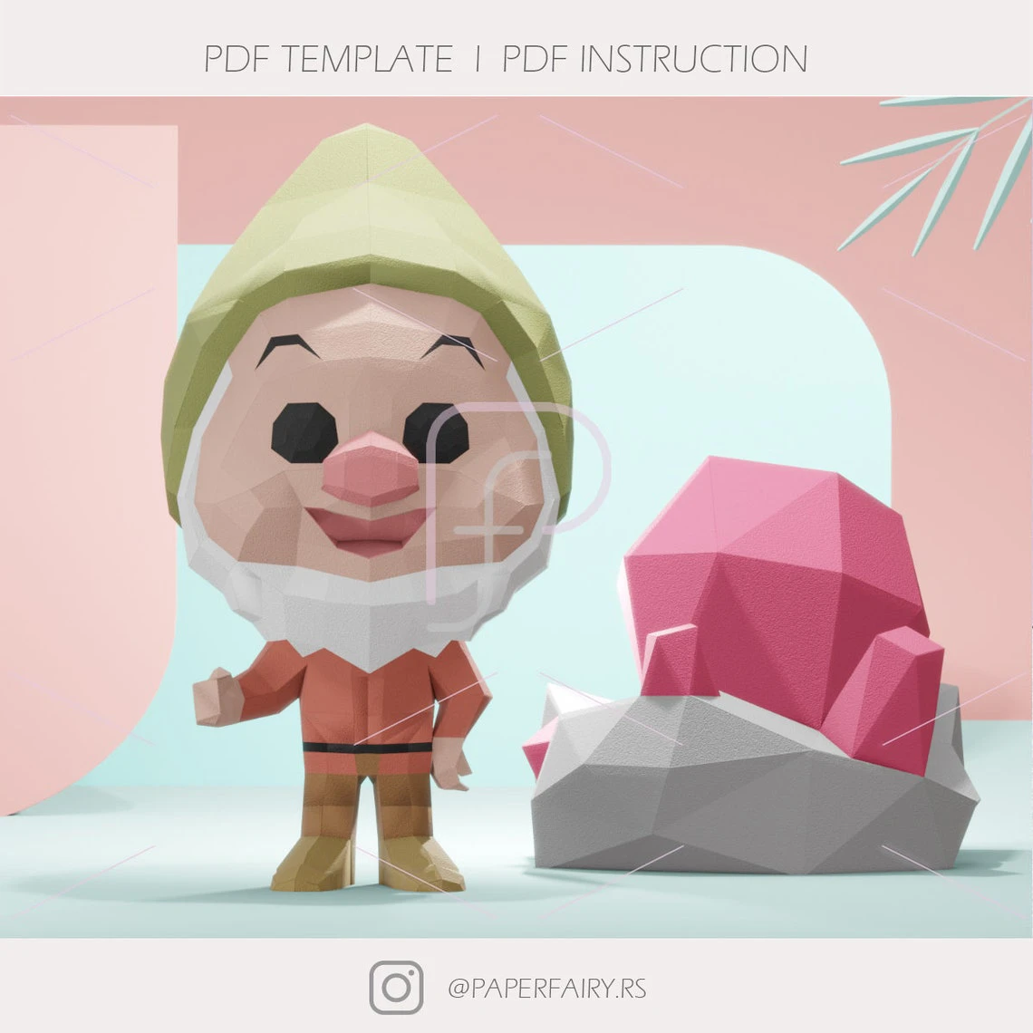 Low poly Snow White and Seven Dwarfs Dwarf Doc doll with gemstone 3d papercraft sculpture,2 designs included, Gnome Doll 3D paper model