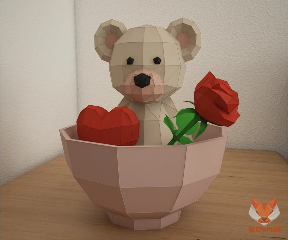 Cuddly Bear, Cute Teddy Bear Papercraft, PDF Template, DIY 3d Model, FanArt, Paper Sculpture, Low Poly, Pepakura Craft, Manualidad