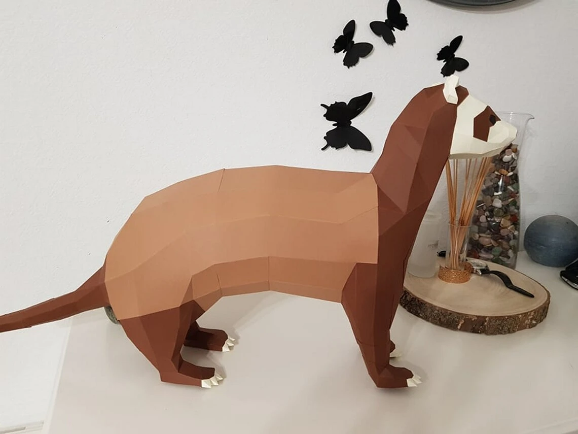 Ferret Papercraft Lowpoly Paper Animals, Get PDF digital file template and instructions for this DIY Paper Modern Paper Sculpture.