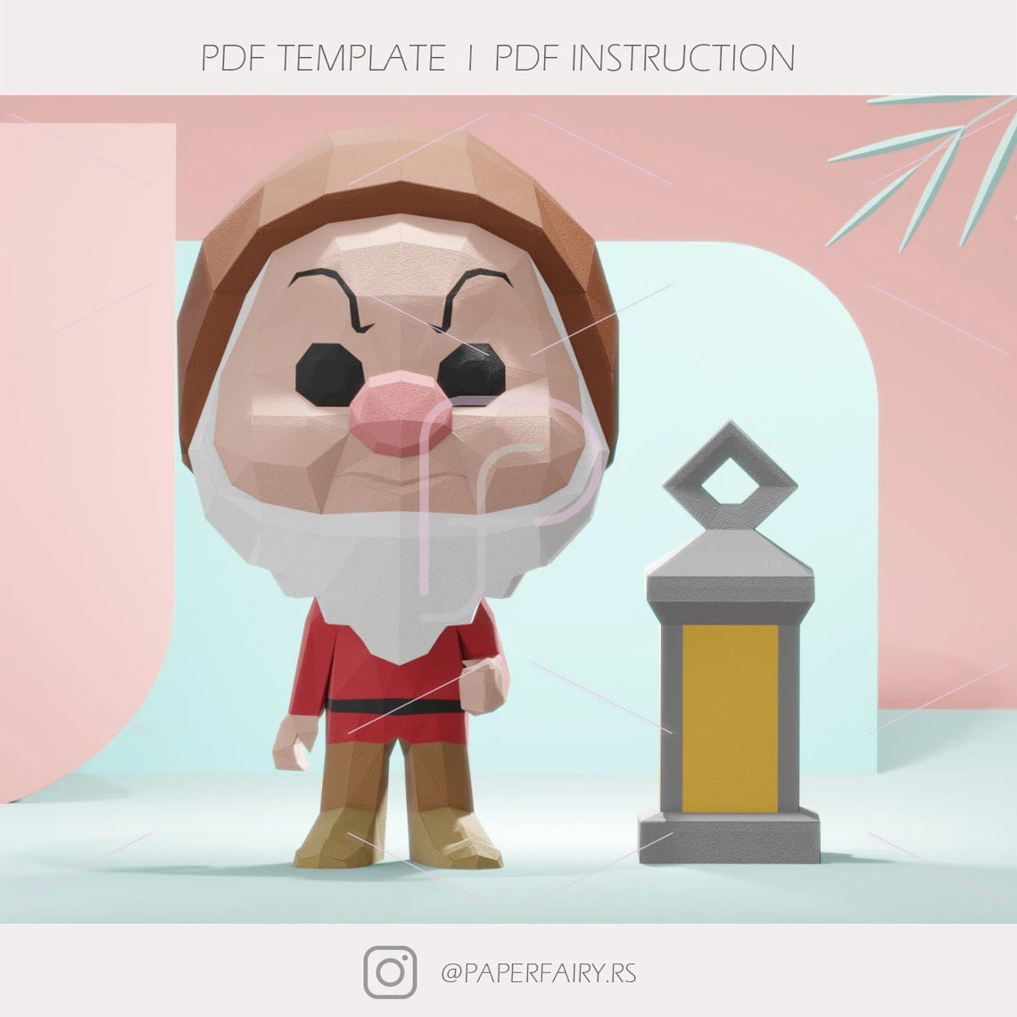 Low poly Snow White and Seven Dwarfs Dwarf Grumpy doll with lantern 3d papercraft sculpture,2 designs included ,Gnome Doll 3D paper model