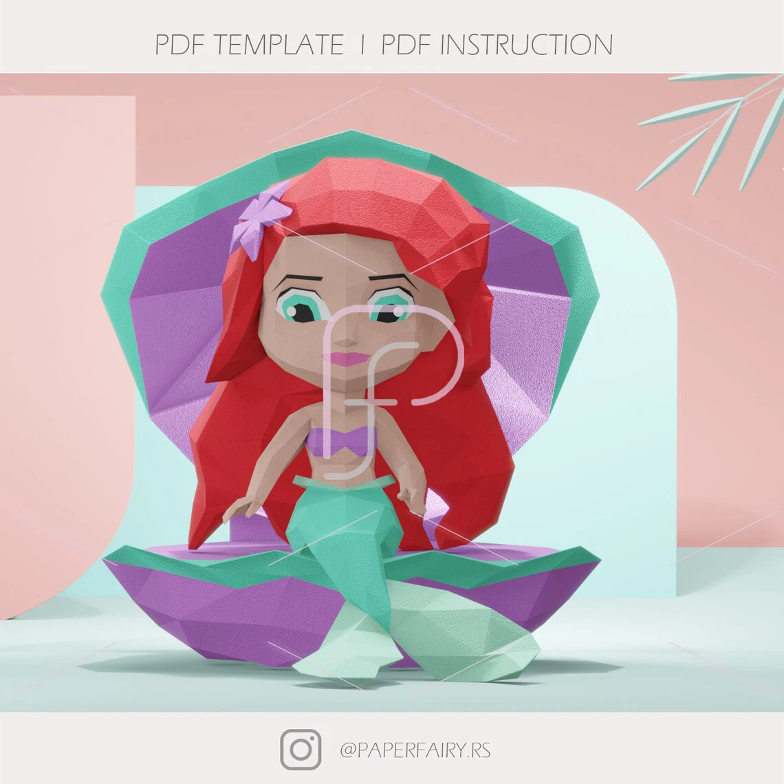 Low poly The little Mermaid Ariel Chibi Doll on the wave 3d papercraft sculpture,2 designs included ,Doll 3D paper model