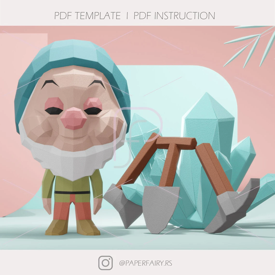 Low poly Snow White and Seven Dwarfs Dwarf Sleepy doll with gemstone and tools 3d papercraft sculpture,5 designs included ,Gnome Doll 3D paper model