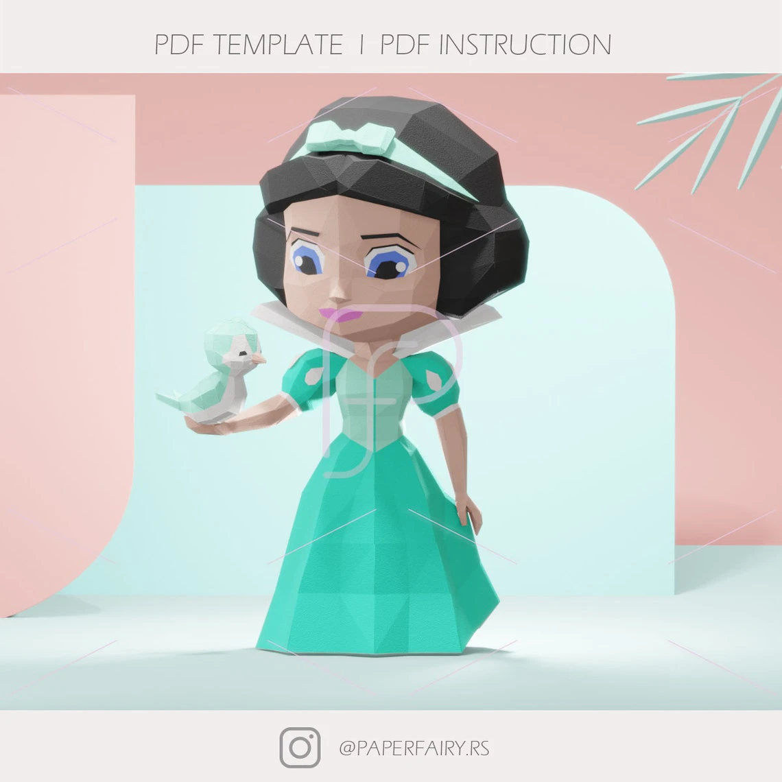 Low poly Snow White and Seven Dwarfs Snow White Chibi doll holding bird 3d papercraft sculpture,2 designs included ,Princess Doll 3D paper model