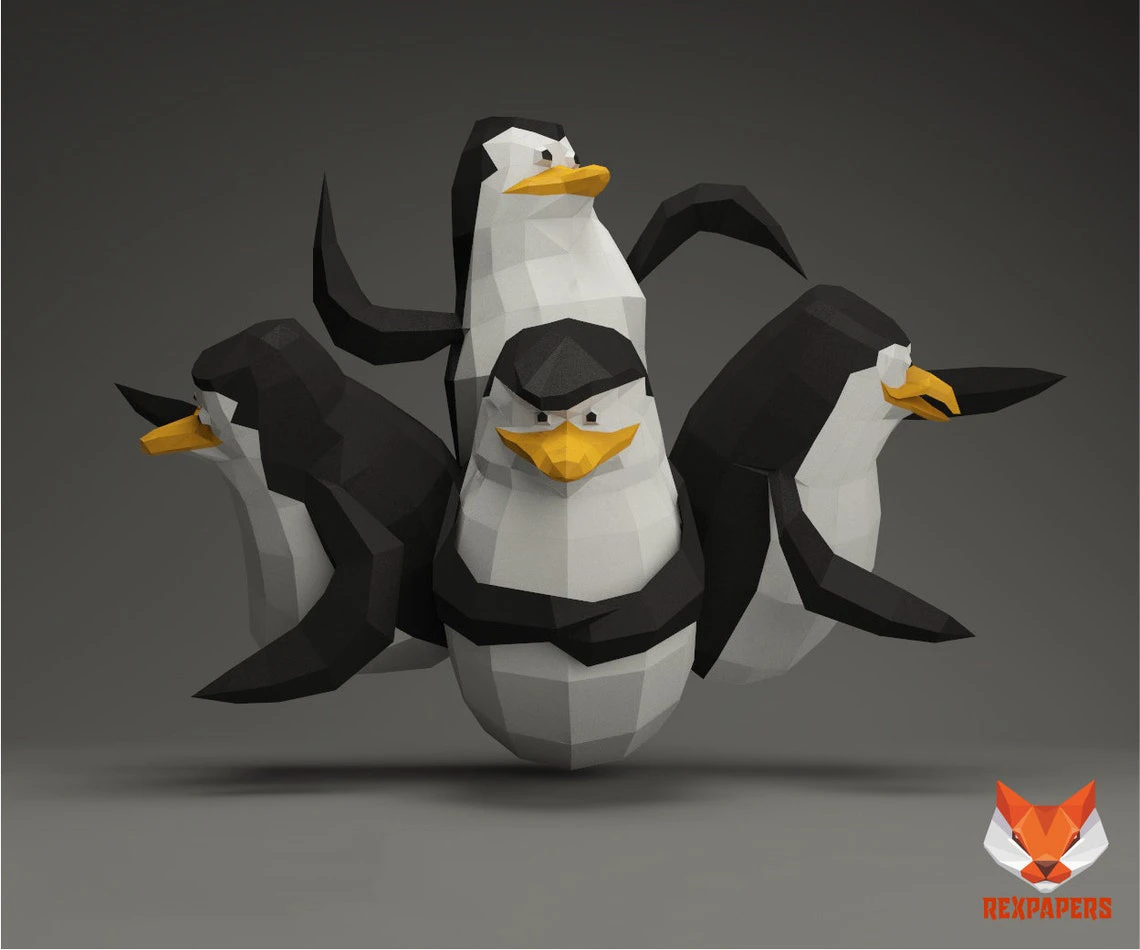 The Penguins of Madagascar Papercraft, PDF Template, DIY 3d Model, FanArt, Paper Sculpture, Low Poly, Pepakura Craft, Manualidad