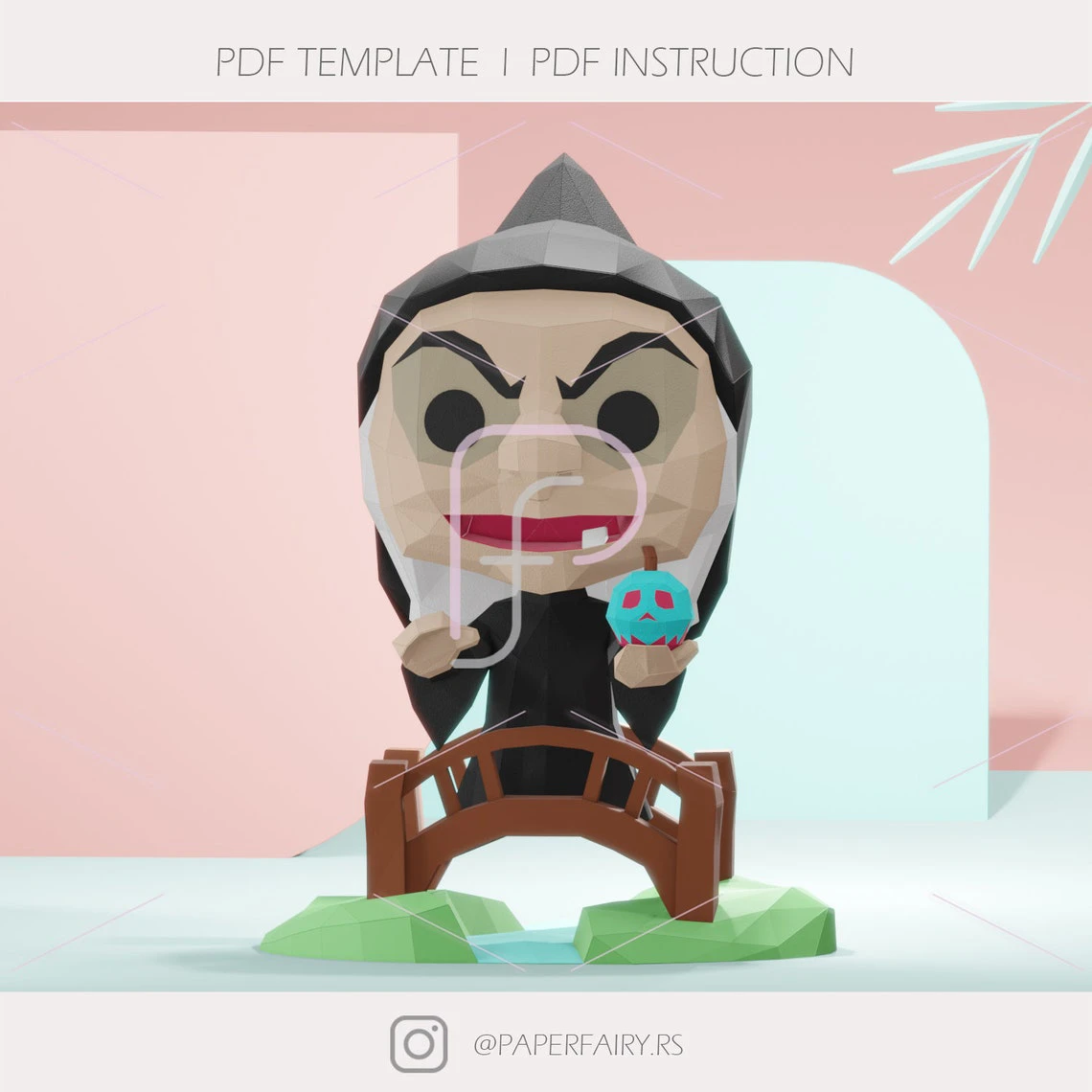 Low poly Snow White and Seven Dwarfs The Evil Queen Witch Chibi doll 3d papercraft sculpture, Witch Doll 3D paper model, modern art statue decor, faceted geometric sculpture forms