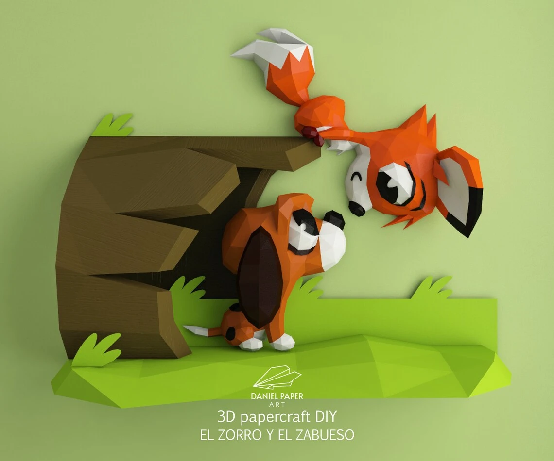 The Fox and the Hound PDF Template, DIY 3d Model, FanArt, Paper Sculpture, Low Poly, Pepakura, Craft, Manualidad, Paper Art