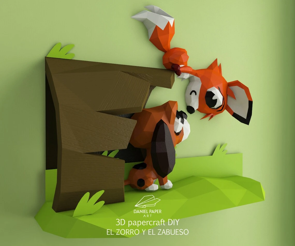 The Fox and the Hound PDF Template, DIY 3d Model, FanArt, Paper Sculpture, Low Poly, Pepakura, Craft, Manualidad, Paper Art