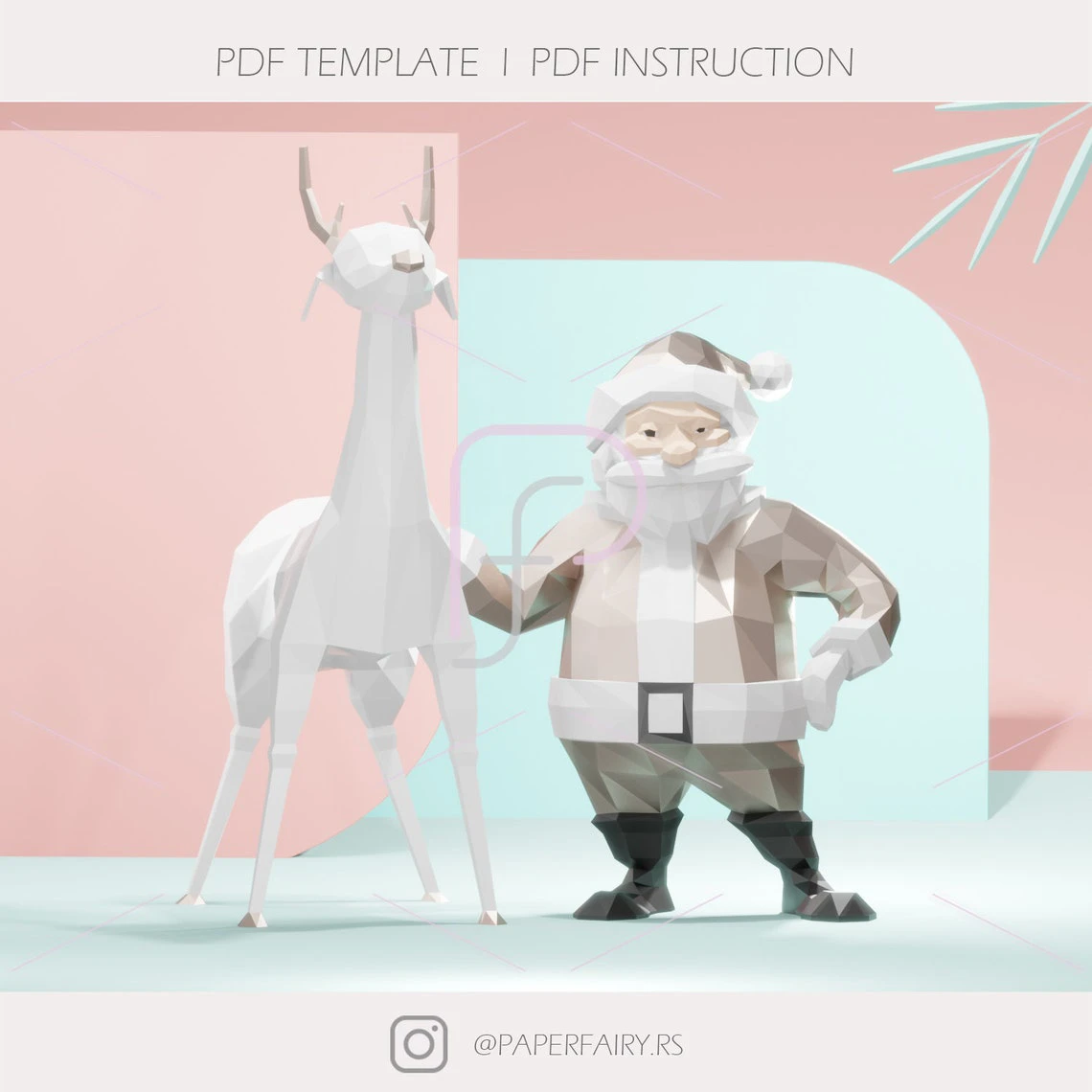 Low Poly Santa Claus with Reindeer,Papercraft Santa Claus, PDF Template, Paper Sculpture,Pepakura, Handmade,Christmas