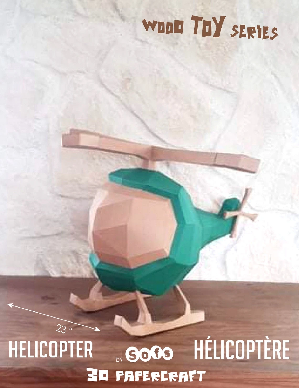 Helicopter 3D Papercraft. From Wooden Toy series, Lowpoly Paper, get PDF digital file template and instructions, DIY modern paper sculpture.